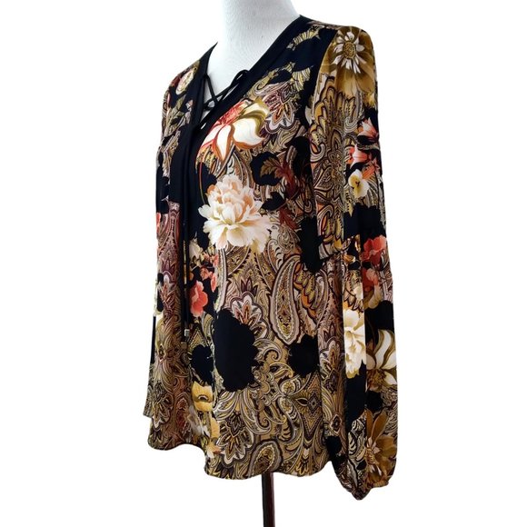 Joseph Ribkoff Womens Paisely Floral Georgette Lace Up Neck L/S Blouse Top 4 - Picture 2 of 10